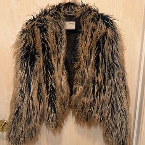 Free People Faux Fur Jacket in Black and Tan